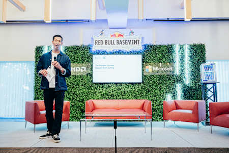 Hans Yang, head of Microsoft for Startups, gives a keynote presentation at the Red Bull Basement World Final in Tokyo, Japan on December 3, 2024.