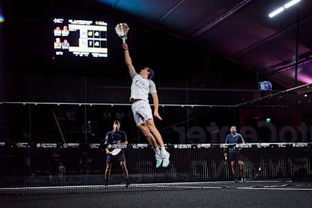 Juan Lebrón serves during Finland Premier Padel P2 2024.