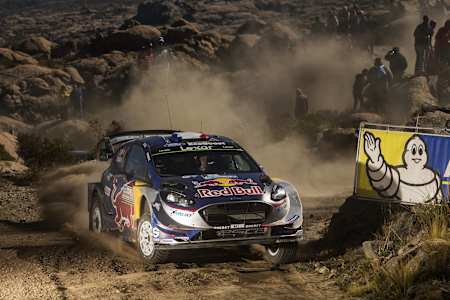 Sebastien Ogier pilots his Red Bull Ford Fiesta during the 2017 World Rally Championship in Carlos Paz, Argentina.