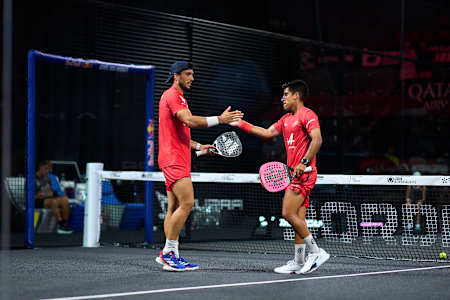 Alejandro Galán and Federico Chingotto team up on court at the Betclic Bordeaux Premier Padel P2 in Bordeaux, France in July 2025.