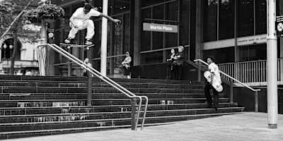Tyshawn Jones doing a switch frontside heelflip at Martin Place