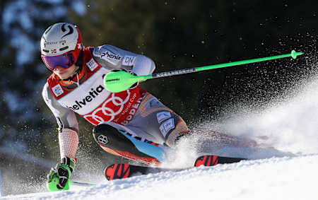 Henrik Kristoffersen (NOR) races at the FIS Alpine Skiing World Cup in Adelboden, Switzerland on January 12, 2020.