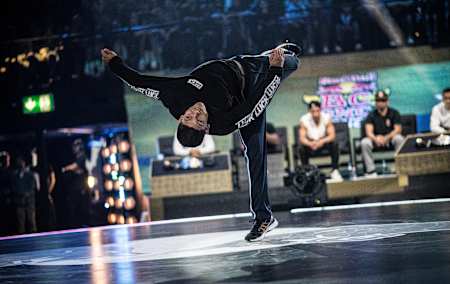Leony of Brazil competes against Lil Kev (left) of France during the Red Bull BC One World Final at Hallenstadion in Zurich, Switzerland on September 29, 2018.