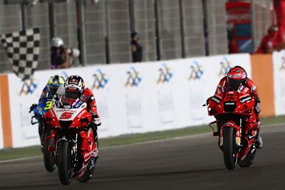 Johann Zarco crosses the finish line at the MotoGP of Qatar on March 28, 2021.