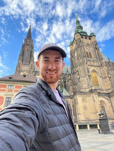 Travel expert Drew Binsky takes a selfie in Prague, Czech Republic