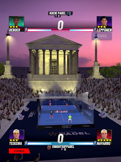 A padel match in play at a spectacular venue in Red Bull Padel: Court Legends mobile game.