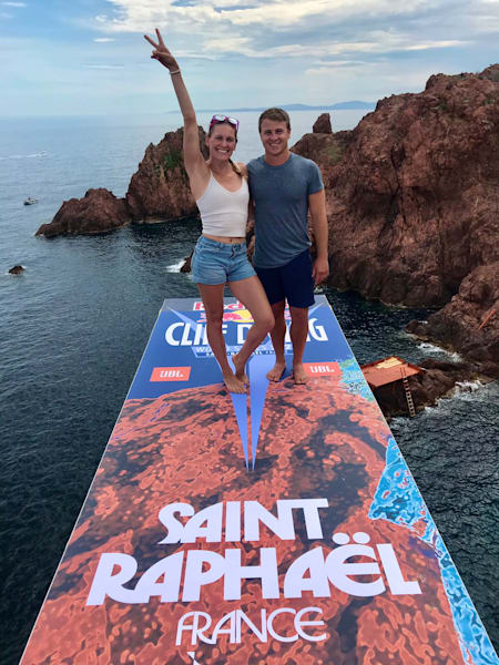 Ginni van Katwijk and Matthew Cooper on the platform ahead of the first competition day of the first stop of the Red Bull Cliff Diving World Series in Saint Raphael, France on June 11, 2021.