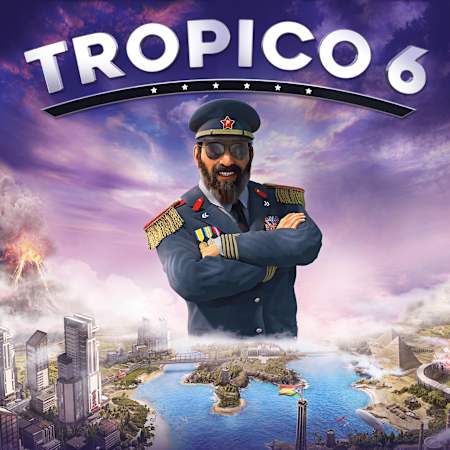 Postać El Presidente na plakacie z gry Tropico 6