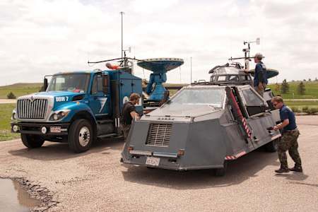 The Doppler Radar Truck next to Ronan P. Nagle's Tornado Intercept Vehicle.