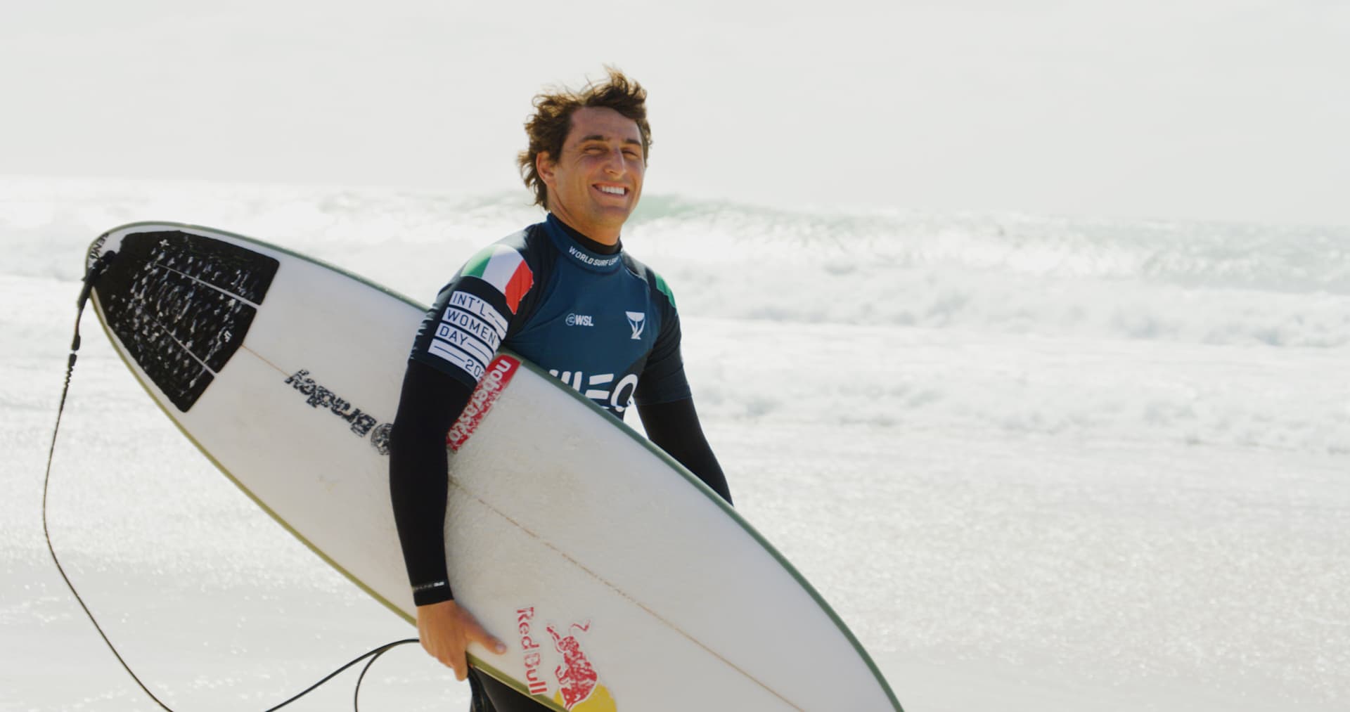 Leo Fioravanti comes in from surfing at MEO Pro Portugal.