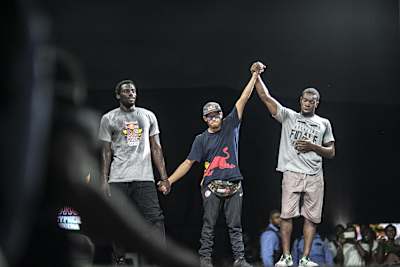 Winner B-Boy Gid-Nasty is announced by Lilou  at the Red Bull BC One Cypher in Lagos, Nigeria on October 13, 2019.