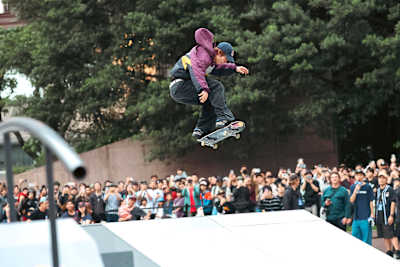 Yuto Horigome soars above the ramp with a kickflip at Red Bull Spot Check Taipei in Taiwan on 25 April 2026, thrilling the crowd