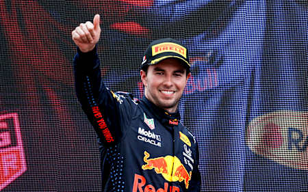 Pérez celebrates his podium appearance at the 2021 F1 Grand Prix of France.