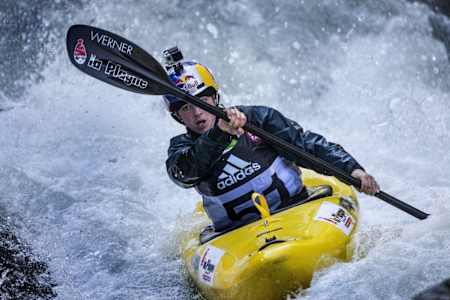 Nouria Newman takes part in a kayak competition.