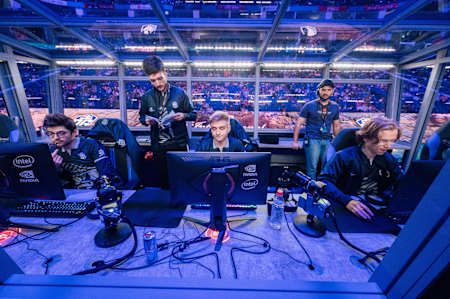 A photo of OG competing at The International 2019 in Shanghai, China.