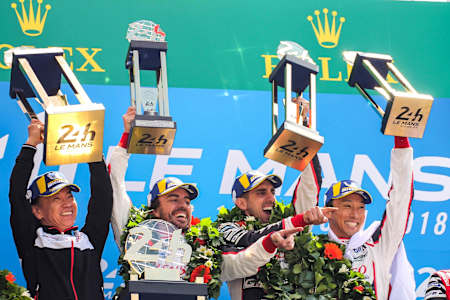 Winners of Le Mans 2018: Fernando Alonso, Sebastien Buemi and Kazuki Nakajima of Toyota