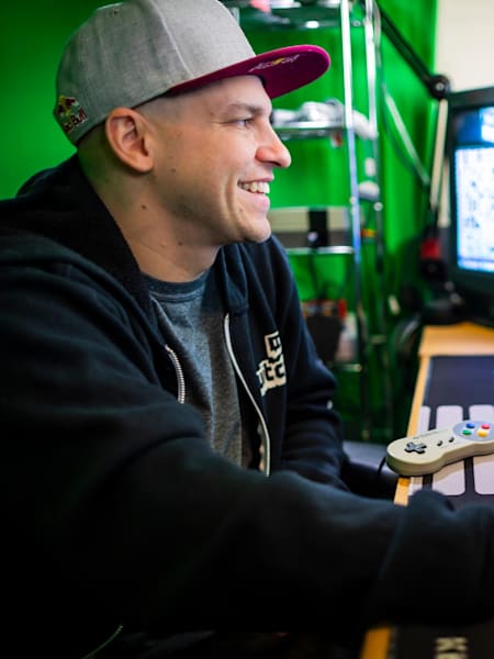 David 'GrandPOOBear' Hunt talks to his followers on Twitch in Vancouver, WA, USA on December 14, 2018.