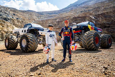 Max Verstappen and Yuki Tsunoda with Monster Trucks at Erzberg.