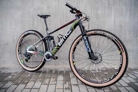 View of cross-country world champion Pauline Ferrand-Prevot's custom BMC Fourstroke mountain bike.
