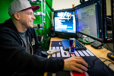David 'GrandPOOBear' Hunt talks to his followers on Twitch in Vancouver, WA, USA on December 14, 2018.