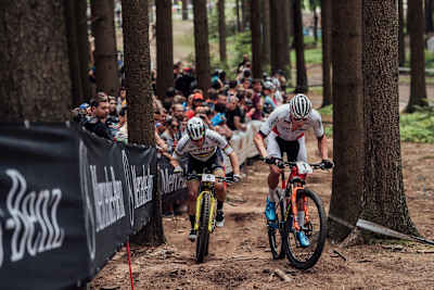 Mathieu Van der Poel and Nino Schurter perform at UCI XCO World Cup in Nove Mesto na Morave, Czech Republic on May 26th, 2019