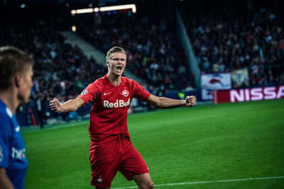 Erling Haaland celebrates during Red Bull Salzburg's 6–2 victory against Genk in the Champions League group stages on September 17, 2019.