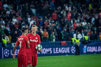 Erling Haaland holds the match ball after scoring against Genk in Red Bull Salzburg's 6–2 victory in the Champions League group stages on September 17, 2019.
