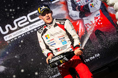 Ott Tanak (EST) of team Toyota Gazoo Racing WRT celebrates the world title on day 4 during the World Rally Championship Spain in Salou, Spain on October 27, 2019.