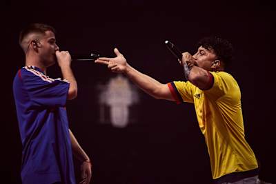 Bnet (l) and Valles-T (R) compete at the International Final of the Red Bull Batalla de los Gallos in Madrid, Spain on November 30 2019.
