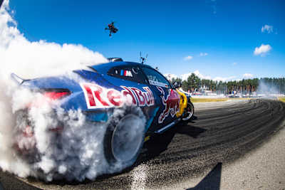 Johannes Hountondji's car while drifting during the European Drift Masters championship 2021 in Riga.