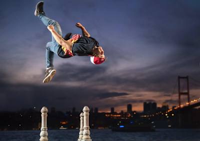 Pavel Petkuns performs against the Istanbul skyline in 2014.