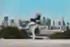 RoxRite balancing on one hand in front of the San Francisco skyline.