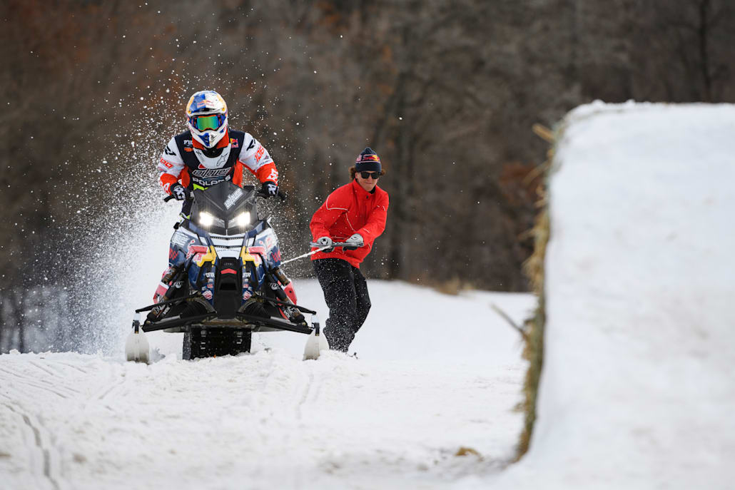 Benny Milam gets towed in by Levi Lavallee during Red Bull Barn Burners.