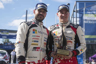 Esapekka Lappi and Janne Ferm celebrate the podium Esapekka Lappi (FIN) and Janne Ferm (FIN) celebrate the podium during the FIA World Rally Championship 2017 in Jyvaskyla, Finland on July 30, 2017