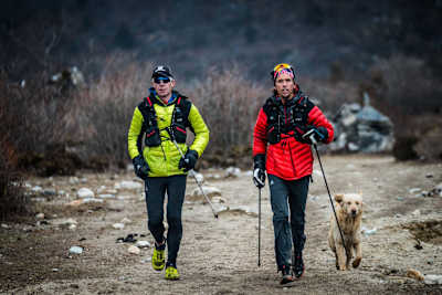 Ryan Sandes and Ryno Griesel running in the Manaslu Valley, Nepal after coming over Larke La Pass (5,135m) on March 12, 2018.