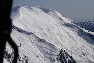 Avalanche fracture line in Toba Valley, BC, Canada on October 5, 2013.
