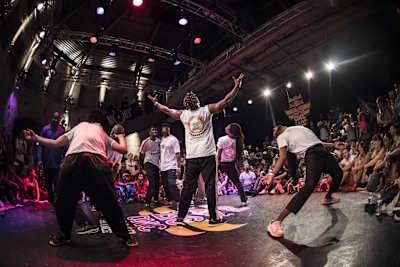 O'trip House doing a routine during the legendary exhibition battle between O'Trip House and Serial Stepperz on the day 3 of the Red Bull Bç One Camp France 2017