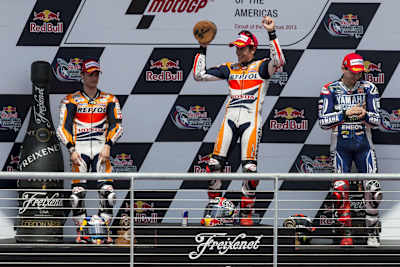 Marc Marquez, Dani Pedrosa, and Jorge Lorenzo on the podium after the MotoGP Red Bull U.S. Grand Prix of The Americas - Race at Circuit of The Americas in Austin, Texas on April 21, 2013.
