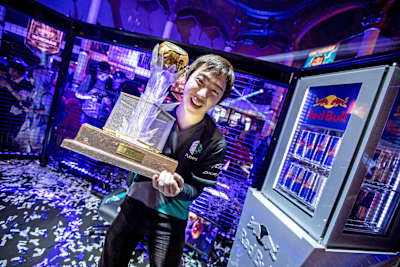 Esports player Fujimura celebrates winning Red Bull Kumite 2018 in Paris, France.
