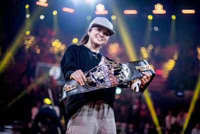 Ami of Japan holds the winner's belt during the Red Bull BC One World Final B-Girl Battle at Hallenstadion in Zurich, Switzerland, on September 29, 2018.