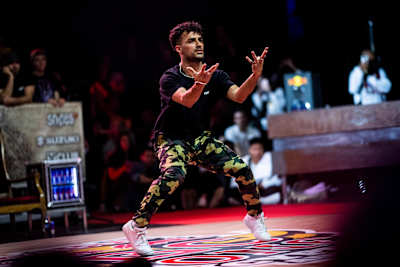 B-Boy Majid performs a showcase at the BC One Cypher Austria 2019 in Vienna.