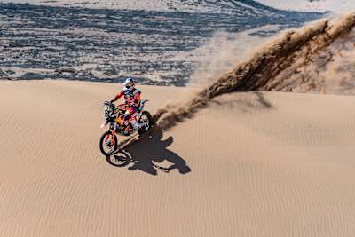 Toby Price is challenging the last dunes in the fifth stage of Atacama Rally in Copiapo, Chile on September 7, 2019.