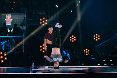 Lil Kev of France does the head spin drills during the Red Bull BC One World Final at the Hallenstadion in Zurich, Switzerland on September 29, 2018.