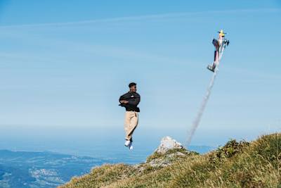 Zoopreme jumps on top of the mountains with Dario Costa flying in a plane in the back for the announcement of the Red Bull BC One World Final in Salzburg, Austria on September 13, 2020.