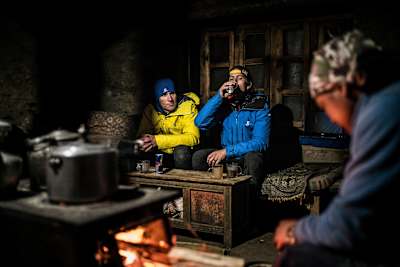 Tea Houses form a large part of Nepali culture providing a resting and gathering point for travellers in the mountains. Ryan Sandes and Ryno Griesel are having a tea on February 27, 2018.