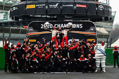 Sebastien Ogierof team Toyota Yaris WRC Toyota Gazoo Racing WRT celebrate the world rally champion 2020 title during the World Rally Championship ACI Monza on December 6, 2020.