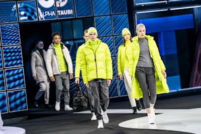 Models on the stage showing Scuderia AlphaTauri's teamwear during a presentation at Hangar-7 in Salzburg, Austria on February 14, 2020.