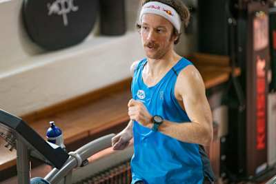 Ultrarunner Florian Neuschwander seen in Thalgau, Austria, during world record attempt, on February 27, 2020.