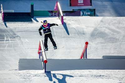 Miyabi Onitsuka slides the second rail feature at the Burton US Open.