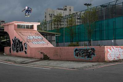Zion Wright, Nollie heel flip into the bank in Taipei, Taiwan on April 21st, 2019.